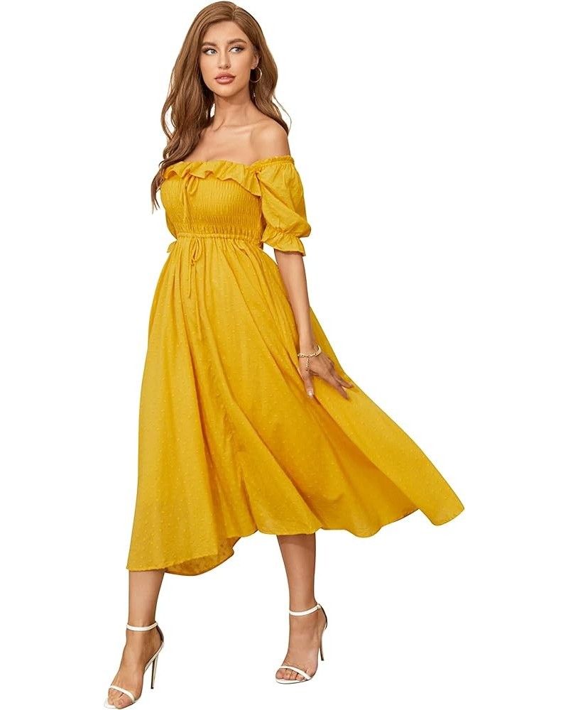 Women Vintage Elastic Square Neck Ruffled Half Sleeve Summer Backless Beach Flowy Maxi Dresses Golden $19.32 Dresses