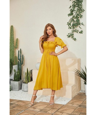 Women Vintage Elastic Square Neck Ruffled Half Sleeve Summer Backless Beach Flowy Maxi Dresses Golden $19.32 Dresses