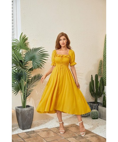 Women Vintage Elastic Square Neck Ruffled Half Sleeve Summer Backless Beach Flowy Maxi Dresses Golden $19.32 Dresses