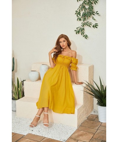 Women Vintage Elastic Square Neck Ruffled Half Sleeve Summer Backless Beach Flowy Maxi Dresses Golden $19.32 Dresses