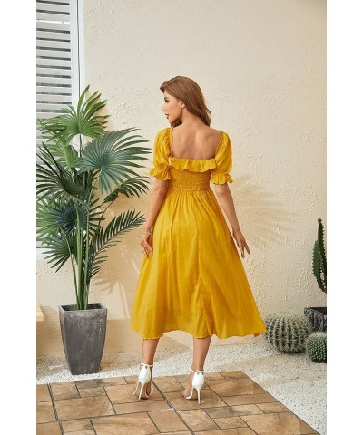 Women Vintage Elastic Square Neck Ruffled Half Sleeve Summer Backless Beach Flowy Maxi Dresses Golden $19.32 Dresses