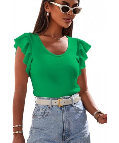 Women's V Neck Ruffle Sleeveless Ribbed Knit Solid Tee Shirt Blouse Top Green $13.77 Blouses