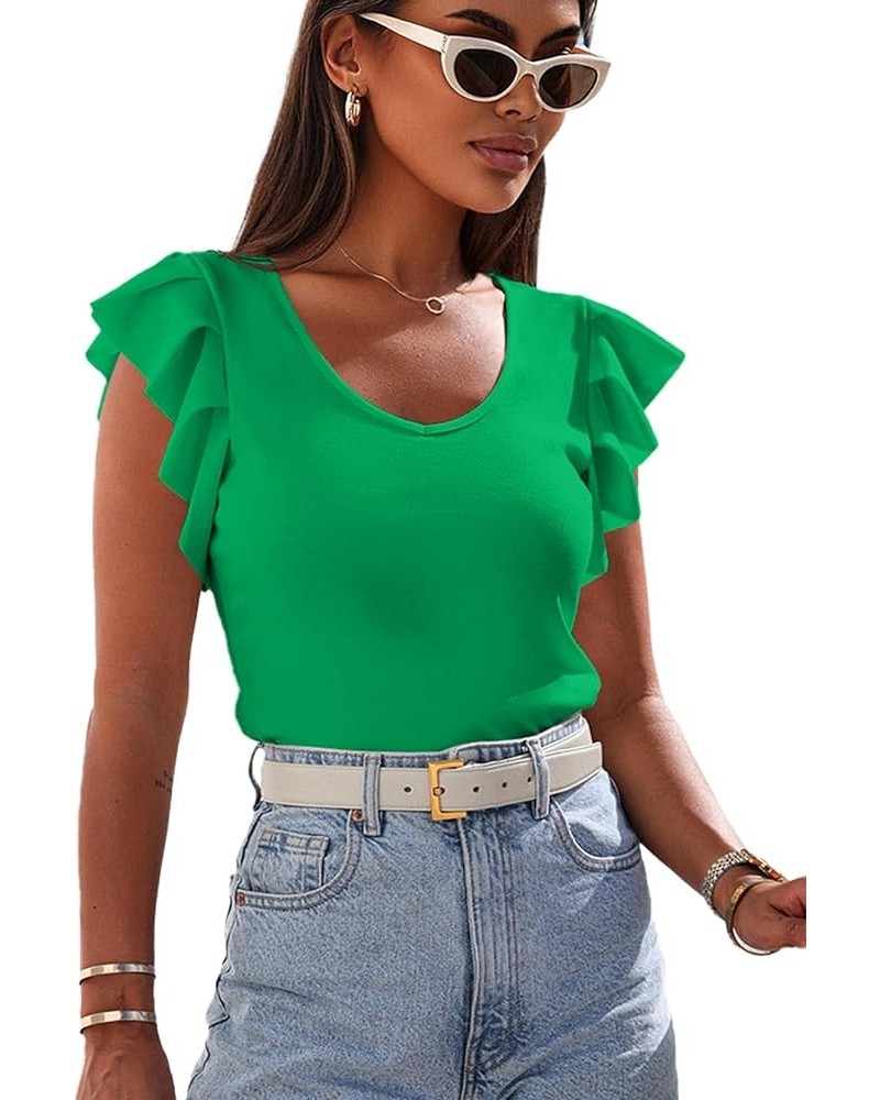 Women's V Neck Ruffle Sleeveless Ribbed Knit Solid Tee Shirt Blouse Top Green $13.77 Blouses