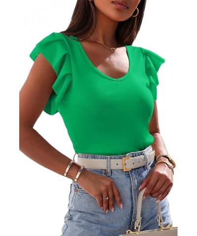 Women's V Neck Ruffle Sleeveless Ribbed Knit Solid Tee Shirt Blouse Top Green $13.77 Blouses