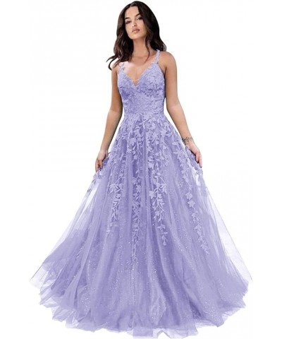 Tulle Long Ball Gowns for Women Lace Appliques Spaghetti Strap Formal Party Dress A-Line Evening Dresses Lilac $41.30 Dresses