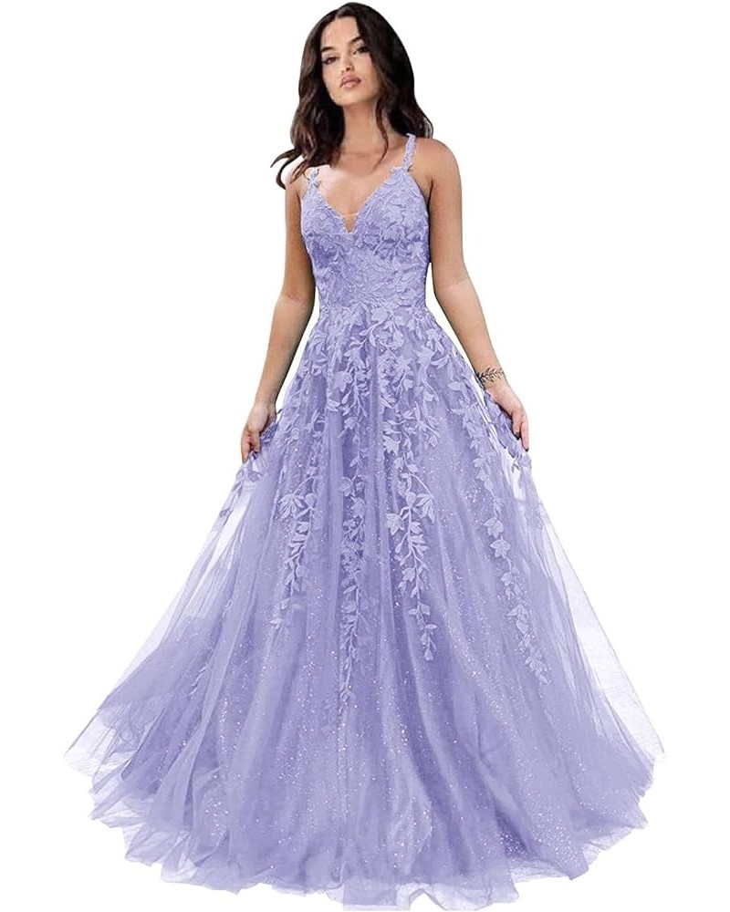 Tulle Long Ball Gowns for Women Lace Appliques Spaghetti Strap Formal Party Dress A-Line Evening Dresses Lilac $41.30 Dresses