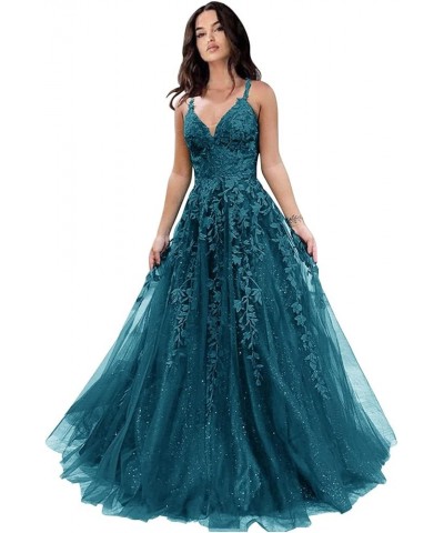 Tulle Long Ball Gowns for Women Lace Appliques Spaghetti Strap Formal Party Dress A-Line Evening Dresses Lilac $41.30 Dresses