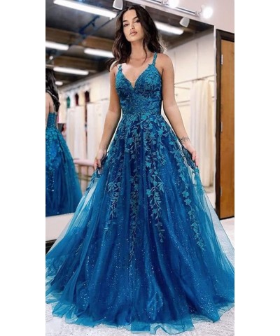 Tulle Long Ball Gowns for Women Lace Appliques Spaghetti Strap Formal Party Dress A-Line Evening Dresses Lilac $41.30 Dresses