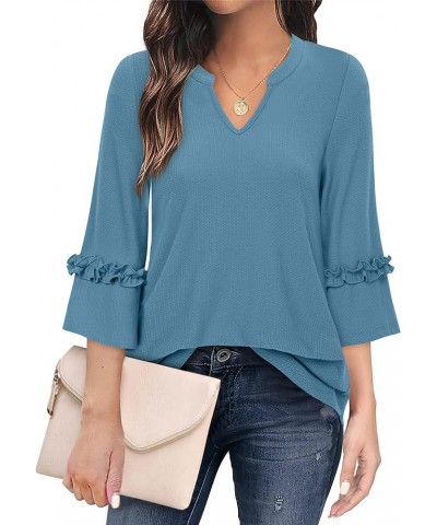 Womens 3/4 Sleeve Shirts Dressy Casual Blouses Notch V Neck Tops Blue Grey $17.15 Blouses