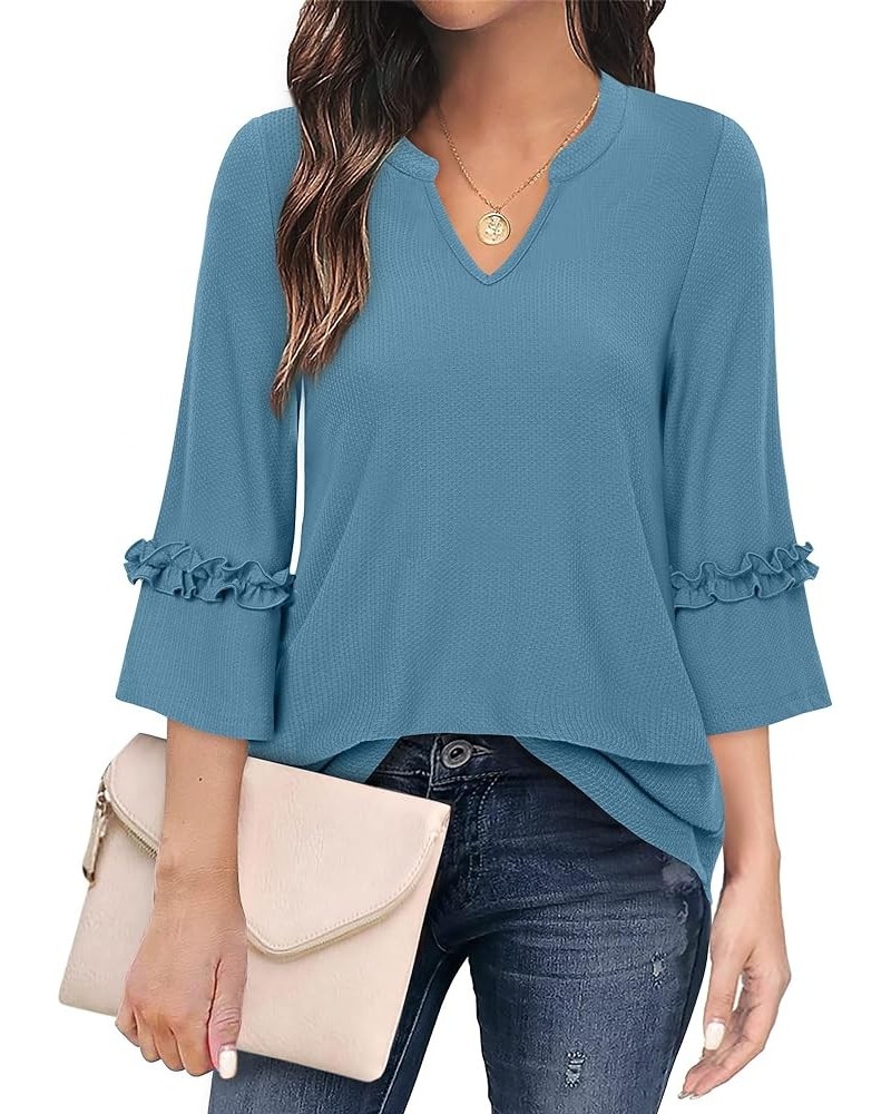 Womens 3/4 Sleeve Shirts Dressy Casual Blouses Notch V Neck Tops Blue Grey $17.15 Blouses