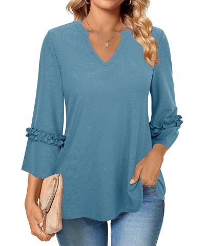 Womens 3/4 Sleeve Shirts Dressy Casual Blouses Notch V Neck Tops Blue Grey $17.15 Blouses