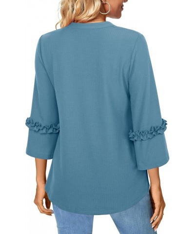 Womens 3/4 Sleeve Shirts Dressy Casual Blouses Notch V Neck Tops Blue Grey $17.15 Blouses