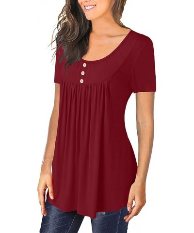 Women's V Neck Henley Short Sleeve Shirts Solid Gradient Tshirts Cover Bell Pleated Tunic Blouse Plus Size C-red $7.69 Shirts