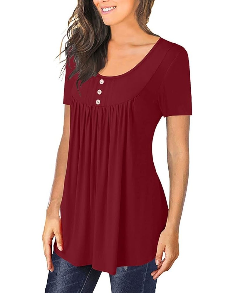 Women's V Neck Henley Short Sleeve Shirts Solid Gradient Tshirts Cover Bell Pleated Tunic Blouse Plus Size C-red $7.69 Shirts