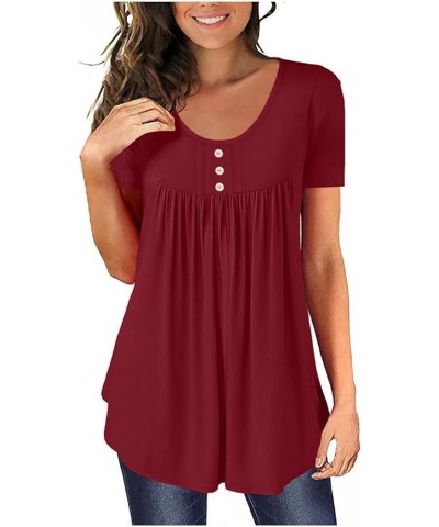 Women's V Neck Henley Short Sleeve Shirts Solid Gradient Tshirts Cover Bell Pleated Tunic Blouse Plus Size C-red $7.69 Shirts