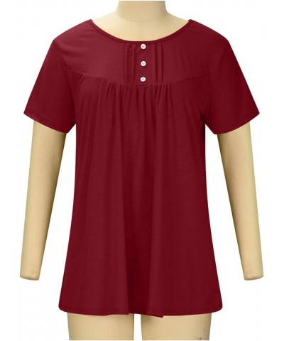 Women's V Neck Henley Short Sleeve Shirts Solid Gradient Tshirts Cover Bell Pleated Tunic Blouse Plus Size C-red $7.69 Shirts