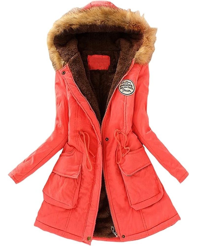 Ladies Fur Lining Coat Womens Winter Warm Thick Long Jacket Hooded Parka A3-watermelon Red $17.99 Jackets