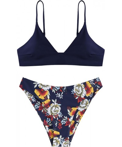 Women's Solid Spaghetti Strap Bralette Bikini Set Two Piece Swimsuit 1-navy Blue $14.35 Swimsuits