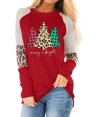 Christmas T Shirt Womens Merry and Bright Shirt Xmas Leopard Print Tree T-Shirt Holiday Graphic Tee Tops Red-2 $10.54 T-Shirts