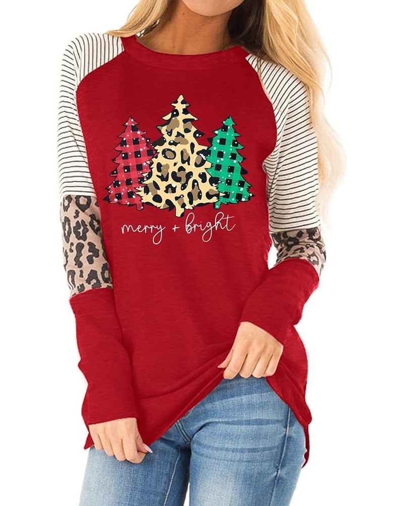 Christmas T Shirt Womens Merry and Bright Shirt Xmas Leopard Print Tree T-Shirt Holiday Graphic Tee Tops Red-2 $10.54 T-Shirts