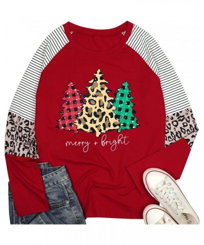 Christmas T Shirt Womens Merry and Bright Shirt Xmas Leopard Print Tree T-Shirt Holiday Graphic Tee Tops Red-2 $10.54 T-Shirts