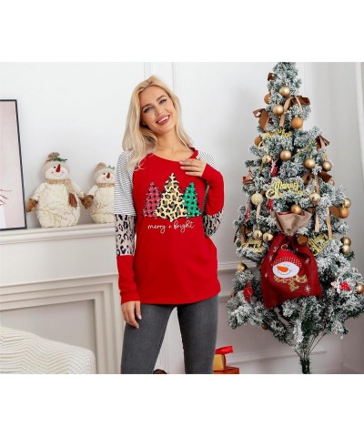 Christmas T Shirt Womens Merry and Bright Shirt Xmas Leopard Print Tree T-Shirt Holiday Graphic Tee Tops Red-2 $10.54 T-Shirts