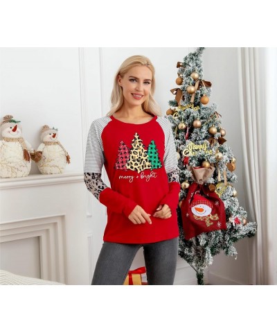 Christmas T Shirt Womens Merry and Bright Shirt Xmas Leopard Print Tree T-Shirt Holiday Graphic Tee Tops Red-2 $10.54 T-Shirts