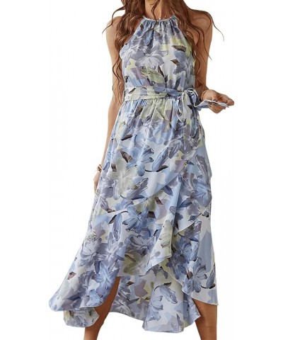 Women's Summer Casual Maxi Dress Halter Neck Sleeveless Polka Dot Beach Sundress with Belt Blue Flower $13.24 Dresses