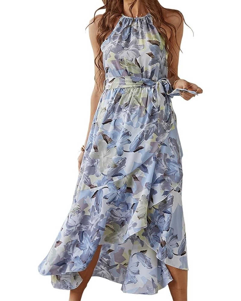 Women's Summer Casual Maxi Dress Halter Neck Sleeveless Polka Dot Beach Sundress with Belt Blue Flower $13.24 Dresses