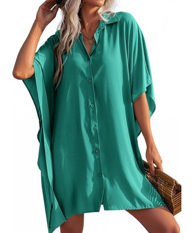 Women's Swimsuit Cover Up 3/4 Sleeve Beachwear Bikini Coverups Button Down Oversized Cover Up Shirt S-3XL Dark Cyan $14.88 Sw...