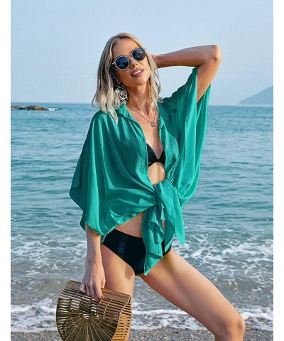 Women's Swimsuit Cover Up 3/4 Sleeve Beachwear Bikini Coverups Button Down Oversized Cover Up Shirt S-3XL Dark Cyan $14.88 Sw...