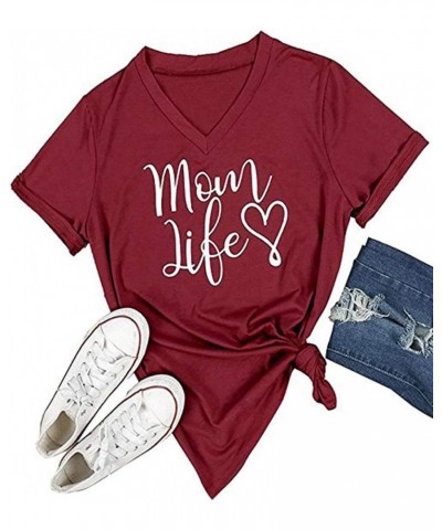 Women's Short Sleeve Letter Printed V Neck Tee Tops Casual T-Shirt Wine Red $10.44 T-Shirts