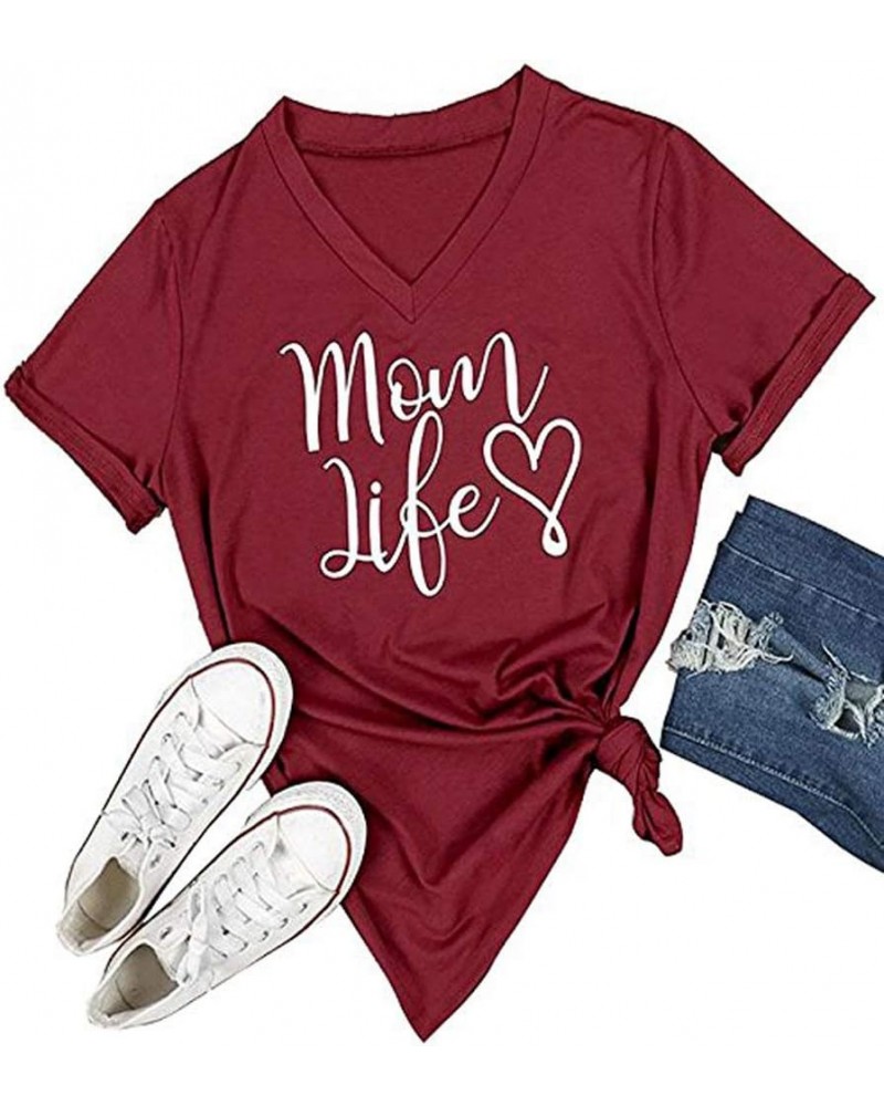 Women's Short Sleeve Letter Printed V Neck Tee Tops Casual T-Shirt Wine Red $10.44 T-Shirts