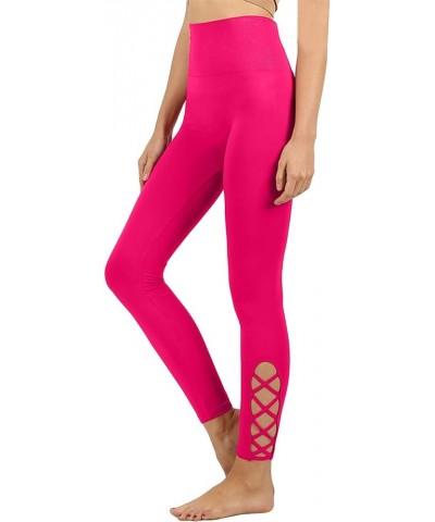 Womens High-Waisted Lattice-Hem Tummy Control Ankle Length Leggings Newp111-magenta $11.56 Leggings