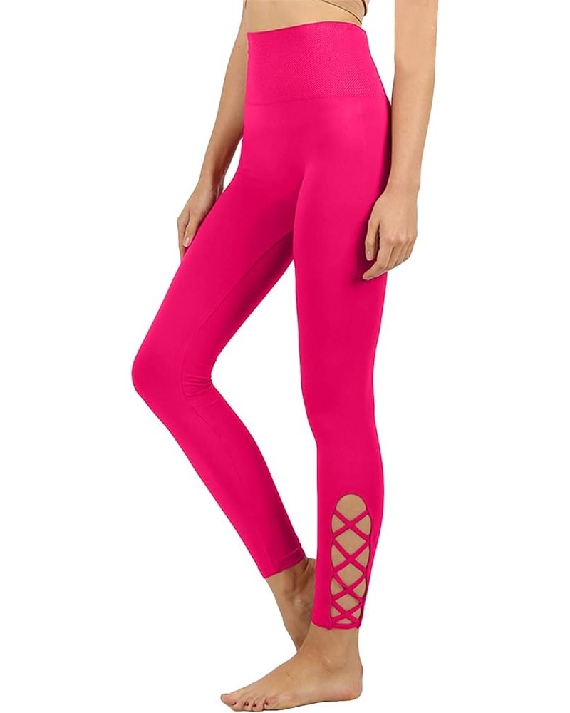 Womens High-Waisted Lattice-Hem Tummy Control Ankle Length Leggings Newp111-magenta $11.56 Leggings