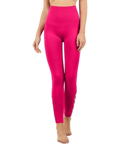 Womens High-Waisted Lattice-Hem Tummy Control Ankle Length Leggings Newp111-magenta $11.56 Leggings