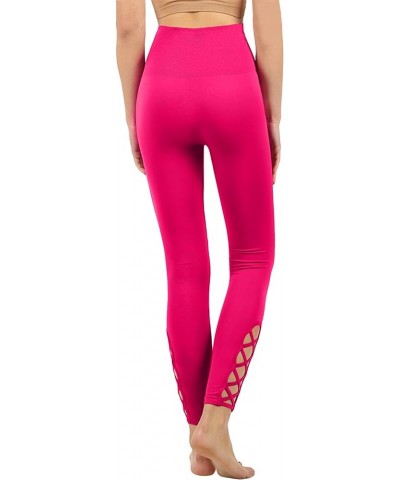 Womens High-Waisted Lattice-Hem Tummy Control Ankle Length Leggings Newp111-magenta $11.56 Leggings