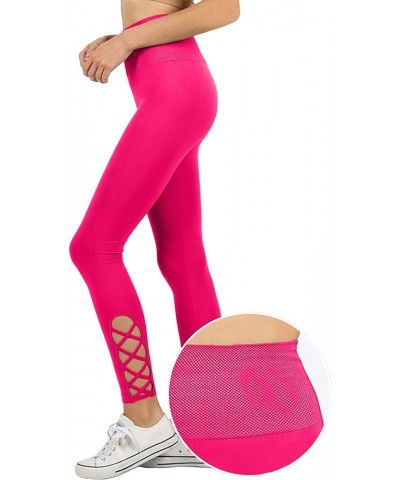 Womens High-Waisted Lattice-Hem Tummy Control Ankle Length Leggings Newp111-magenta $11.56 Leggings