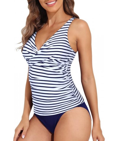 Women's Tankini Swimsuits Twist Tummy Control Swim Top with Shorts Two Piece Bathing Suits Blue Stripes $23.21 Swimsuits