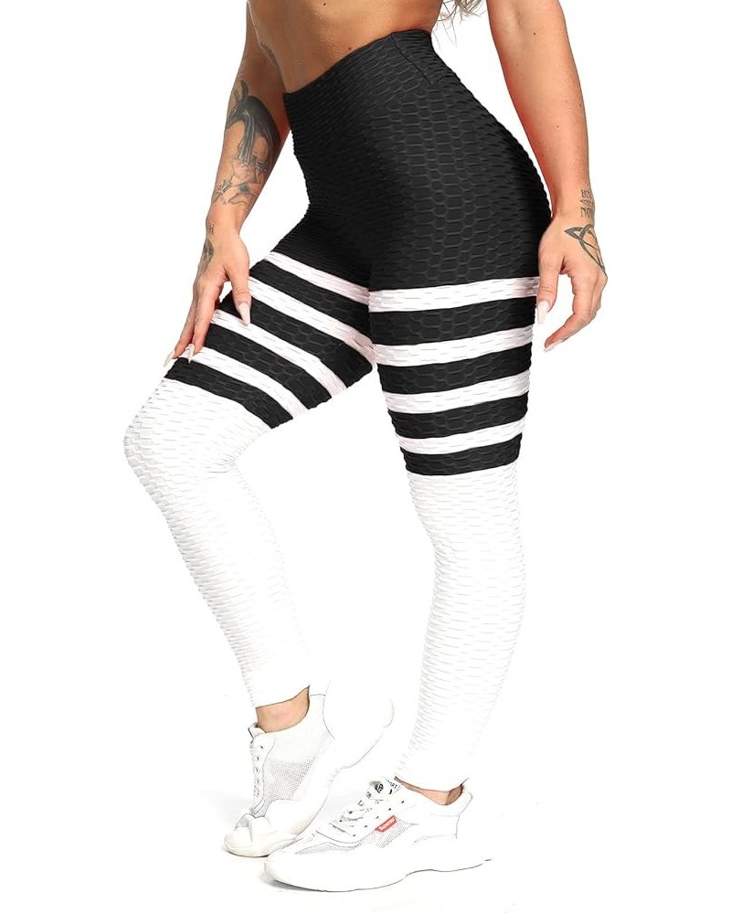 Women's High Waist Yoga Pants Tummy Control Slimming Booty Leggings Workout Running Butt Lift Tights A-stripes Black White $1...