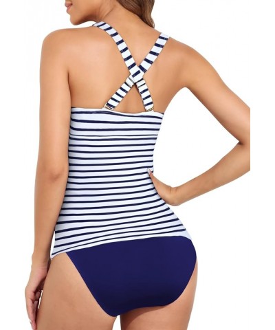 Women's Tankini Swimsuits Twist Tummy Control Swim Top with Shorts Two Piece Bathing Suits Blue Stripes $23.21 Swimsuits