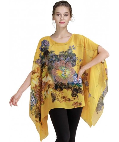 Women's Loose Solid Sheer Chiffon Caftan Poncho Batwing Tunic Top Blouse Summer Oversized Shirts Floral Yellow $12.59 Tops