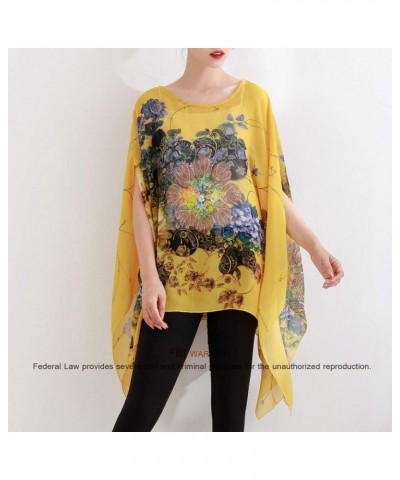 Women's Loose Solid Sheer Chiffon Caftan Poncho Batwing Tunic Top Blouse Summer Oversized Shirts Floral Yellow $12.59 Tops