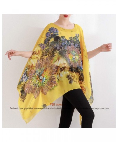 Women's Loose Solid Sheer Chiffon Caftan Poncho Batwing Tunic Top Blouse Summer Oversized Shirts Floral Yellow $12.59 Tops