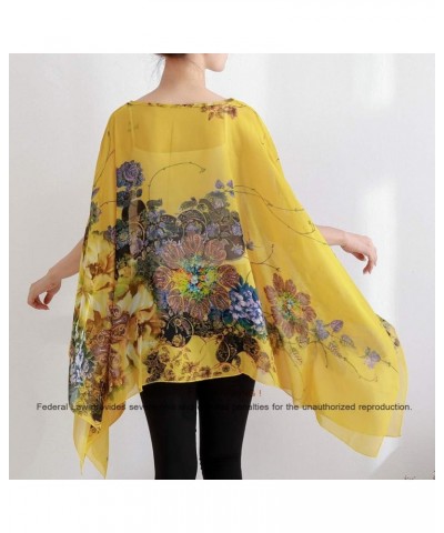 Women's Loose Solid Sheer Chiffon Caftan Poncho Batwing Tunic Top Blouse Summer Oversized Shirts Floral Yellow $12.59 Tops