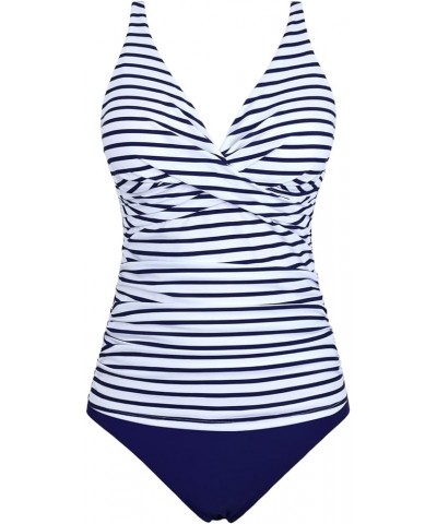 Women's Tankini Swimsuits Twist Tummy Control Swim Top with Shorts Two Piece Bathing Suits Blue Stripes $23.21 Swimsuits