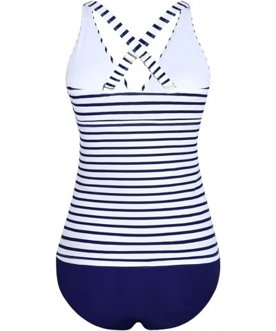 Women's Tankini Swimsuits Twist Tummy Control Swim Top with Shorts Two Piece Bathing Suits Blue Stripes $23.21 Swimsuits