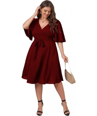 Women's Plus Size Bell Sleeve V Neck Wrap Belted A Line Swing Midi Dress Burgundy $14.24 Dresses