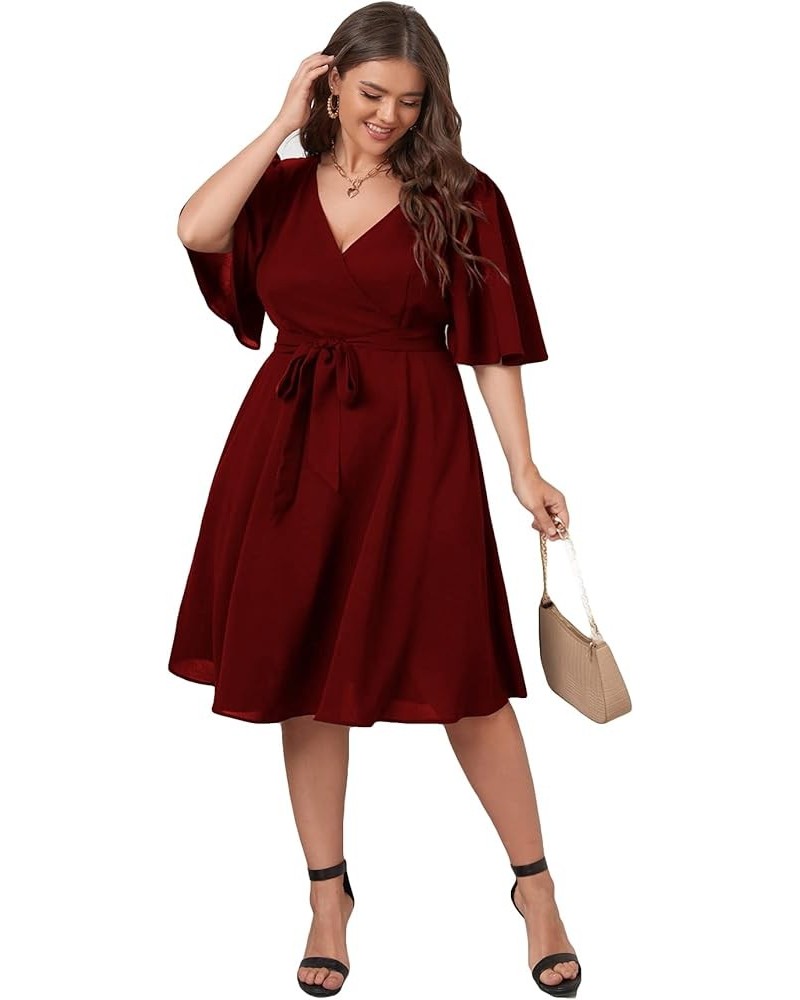 Women's Plus Size Bell Sleeve V Neck Wrap Belted A Line Swing Midi Dress Burgundy $14.24 Dresses