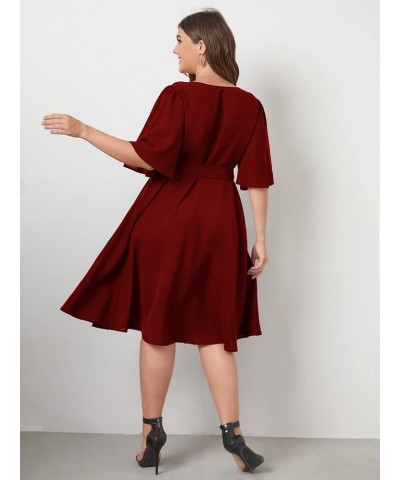 Women's Plus Size Bell Sleeve V Neck Wrap Belted A Line Swing Midi Dress Burgundy $14.24 Dresses